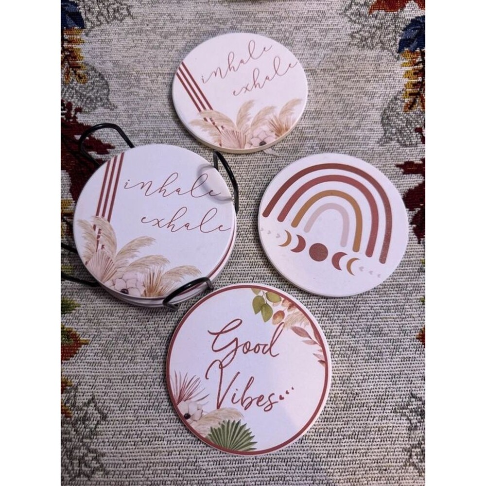 6 ceramic coasters and holder